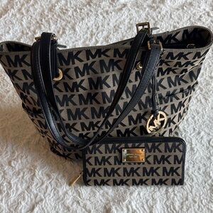Michael Kors Black and Brown Monogram Shoulder Bag